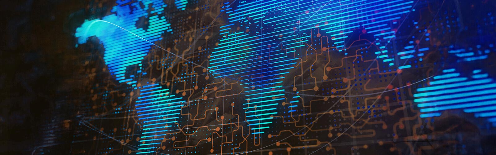 A blue and orange digital world map with glowing dotted continents and a network of connecting lines.